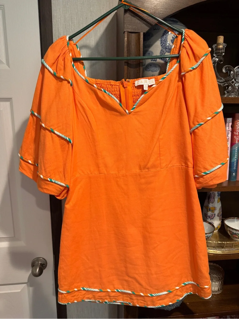 Karlie Orange Multi Trim Sweetheart Puff Sleeve Dress
